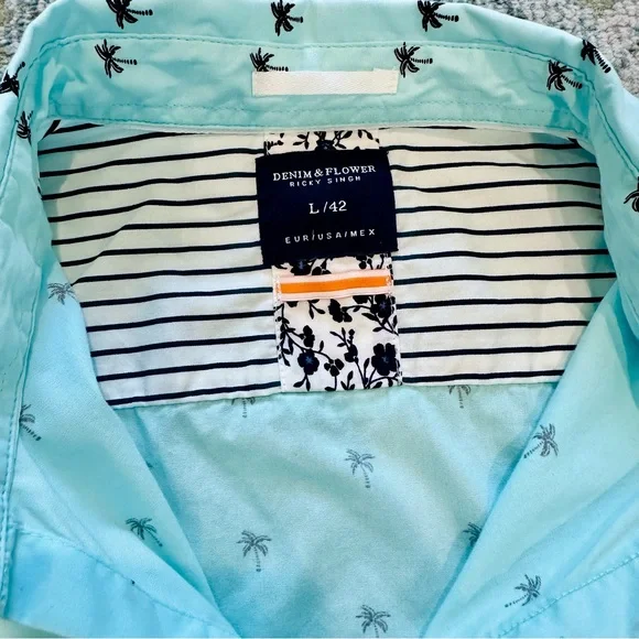 Denim & Flower Ricky Singh Mens Palm Tree Teal Collared Shirt Sz L slim fit NWOT - Picture 7 of 11